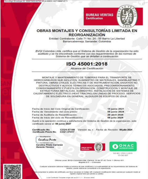 Certificado ISO 45001:2018 de seguridad y salud en el trabajo de OMC Ltda.